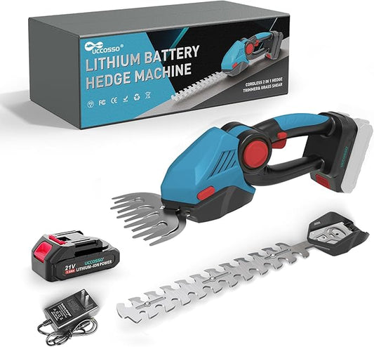 Cordless Hedge Trimmer,21v Electric Grass Shears & Shrub Trimmers,Handheld 2-in-1 Battery Powered Hedge Trimmer for Patio/Lawn, Gardening Tools, Included Charger (Blue-Red+1 * Battery)