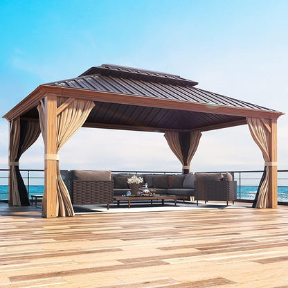 MELLCOM 12'x16' Wood Looking Hardtop Gazebo, Aluminum Frame and Galvanized Steel Double Roof, Metal Outdoor Gazebo with Curtains and Nettings for Deck Backyard and Patio