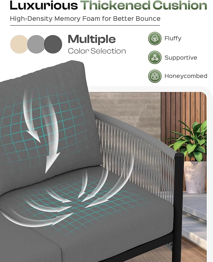 Aluminum Outdoor Patio Furniture Set, HDPE Rope 4 Piece Modern Sectional Conversation Sets with Dual-Layer Coffee Table, All Weather Patio Couch Sofa with Thick Cushions, Gray Frame, Charcoal