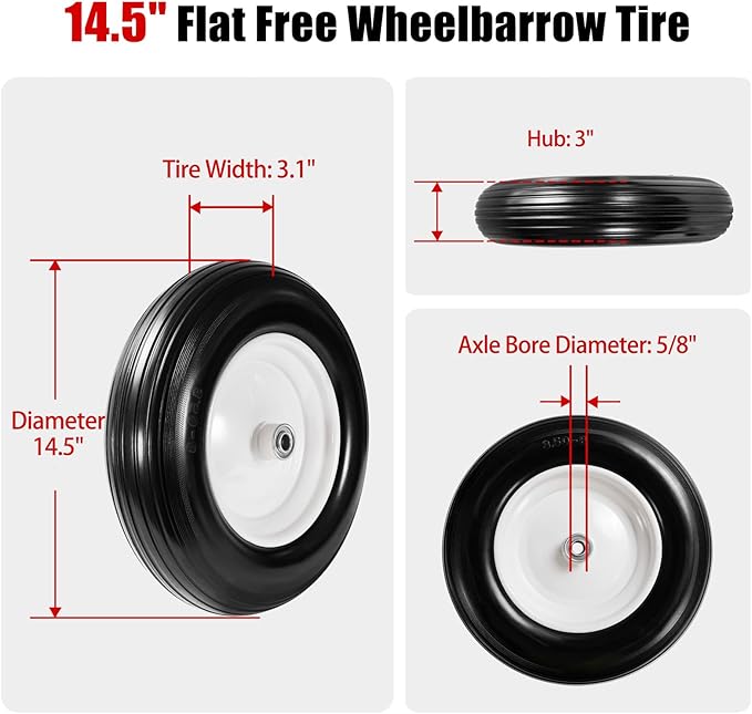 (2-Pack) Fits 4.80/4.00-8, 3.50/2.50-8, 4.00-6, 4.00-8 Wheelbarrow Wheels,14.5" Wheelbarrow Flat Free Tire, with 3/4" & 5/8" Bearing,3" Hub for Garden Cart Trolley Wagon Lawn Mower