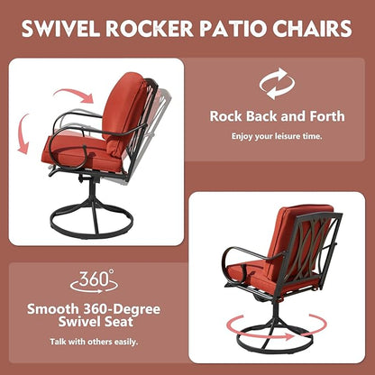 MELLCOM Patio Swivel Chair Set of 6, Heavy Duty Outdoor Dining Chairs with Thickened Cushions, Metal Patio Chairs Gentle Rocker for Outside, Garden Lawn & Porch, Backyard, Red