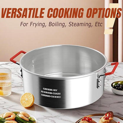 10QT Aluminum Fish Fryer Pot with Basket | Deep Fryer with Lid | Thermometer | Fryer Tongs & Easy Grip Handle for Cooking Seafood | French Fries | Chicken Wings