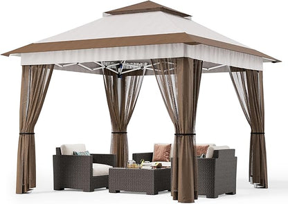 Bealife 11x11 Pop Up Gazebo Tent with Mosquito Netting, Outoor Canopy Tent with 4 Sandbags, 8 Stakes, 4 Ropes, Roller Bag, Pop Up Canopy Tent for Lawn Backyard Garden Deck, Beige