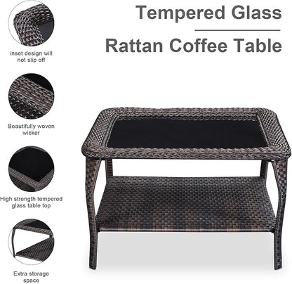 HUMMUH 9 Piece Patio Furniture PE Wikcer Outdoor Furniture Set with Sectional Sofa Swivel Patio Chairs Ottomans and Glass Coffee Table for Yard,Garden,Lawn