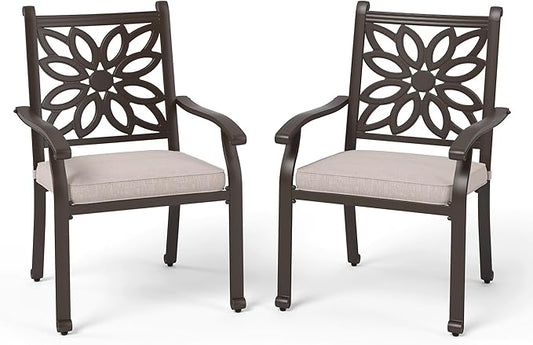 PHI VILLA Outdoor Patio Aluminum Dining Chairs Set of 2, Extra Wide Armrest Stable Chairs with 2.8" Seat Cushion, Casting Frame for All Weather