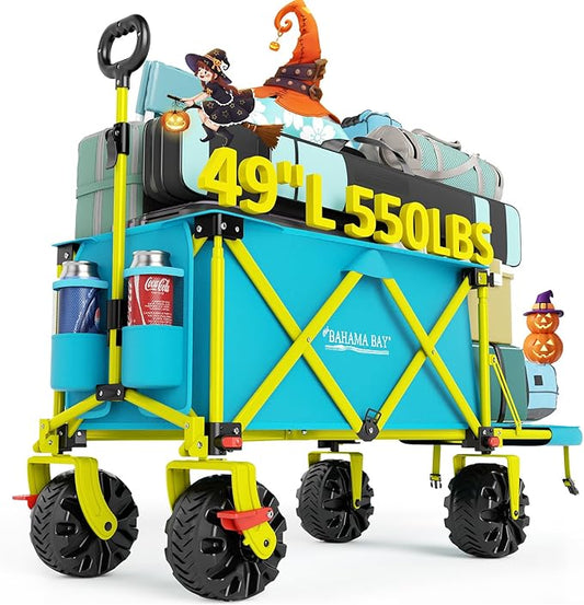 Old Bahama Bay 550lbs Extra Long 49" L Beach Wagon with Big Wheels with Brake for Sand, Collapsible Utility Beach Cart Heavy Duty Folding Wagon,Ideal for Outdoor Sand Camping Garden Pet