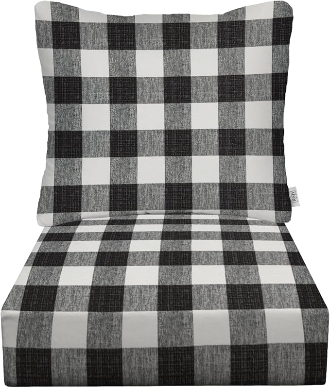 RSH DECOR: Deep Seating Cushion with Pillow Back | 24” x 27” Seat | All-Weather Spun Fabric | Water and Fade-Resistant | Outdoor Chair Cushion Set for Patio Furniture | Black Buffalo Plaid