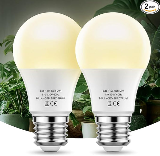 LED Grow Light Bulb A19 - Full Spectrum E26 Base, 11W (100W Equivalent) for Indoor Plants, Flowers, Greenhouse - 2 Pack
