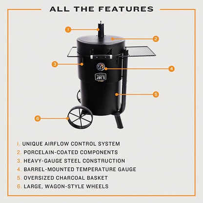 Char-Broil Oklahoma Joes Bronco Barrel Drum Smoker with Porcelain Coated Steel, Air Intake Channel, and 630 Square Inches Cooking Surface, Black