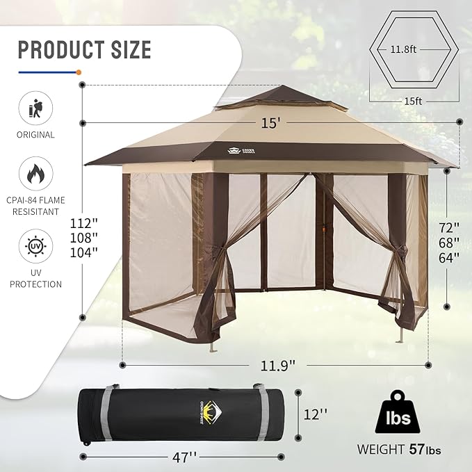 CROWN SHADES 12x12 Pop up Gazebo with Mosquito Nettings, Patented Center Lock 6-Sided Portable Gazebo, 300D Silver-Coated Fabric UV Resistant, Pop Up Canopy Tent for Patio, Party, Beige&Coffee