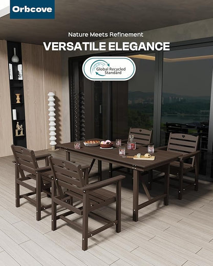 Patio Table and Chairs Set with Umbrella Hole, HDPE Patio Dining Set for 6, Outdoor Dining Set for Lawn, Patio, Porch, Deck, Poolside, Yard (Mahogany, 7-Piece)