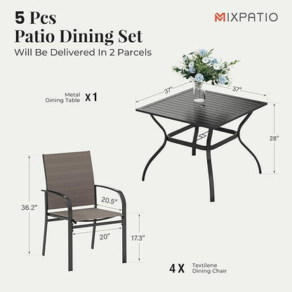 5 Pieces Patio Table and Chairs Set, 4 Person Outdoor Dining Furniture Set, 4 Brown Textilene Chairs and 37" Square Metal Table with Umbrella Hole, for Deck Backyard Lawn