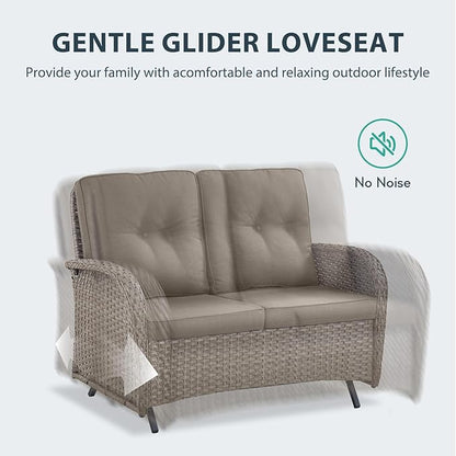 5 Piece Patio Furniture Set with Fire Pit Table - Wicker Patio Conversation Set with Swivel Glider, Glider Loveseat, Tempered Glass Side Table for Deck Backyard - Grey Wicker Grey Cushion