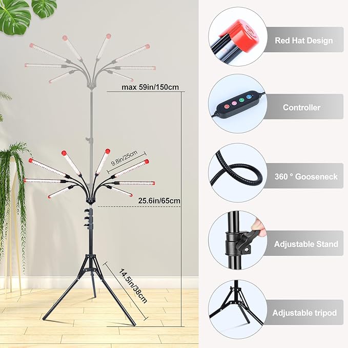 Gamechanger! 72W, NOT 24W, Bright Beyond Your Imagination, 8Head Stand Grow Lights for Indoor Plants, 2025 Big Coverage Full Spectrum LED Plant Grow Light for Bonsai Tree, Tall Plant, 4,8,12 Hr Timer