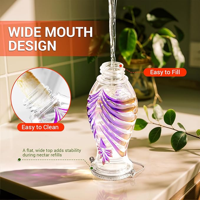 Hummingbird Feeder for Outdoors, 24oz Glass Nectar Feeder with Perch & 5 Flower Feeding Ports, Leakproof Hanging Bird Feeder for Garden Yard Decor, Outside Gifts for Women & Mom, Lavender