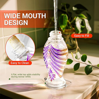 Hummingbird Feeder for Outdoors, 24oz Glass Nectar Feeder with Perch & 5 Flower Feeding Ports, Leakproof Hanging Bird Feeder for Garden Yard Decor, Outside Gifts for Women & Mom, Lavender