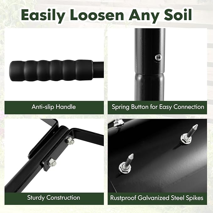 S AFSTAR 21" Manual Lawn Aerator, Heavy Duty Rolling Aerator Lawn Tool Filled Sand Stone with 51" Detachable Handle & Tine Spikes for Soil Loosening, Push Grass Aeration for Garden Yard, Black