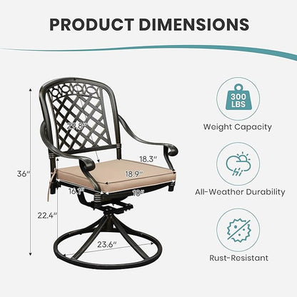 Set of 4 Cast Aluminum Patio Chairs with Cushions, All-Weather Aluminum Outdoor Swivel Chairs, Metal Outdoor Rocking Chairs for Backyard, Poolside and Bistro (Khaki, 4 Pieces)