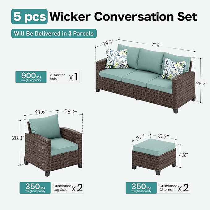 Patio Furniture Set Outdoor Furniture Brown Wicker Rattan Patio Conversation Sets with Cushion Outside Sofa Set,5 Pieces 7 Seats,Blue