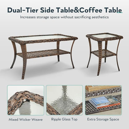 5 Pieces Wicker Patio Furniture Set - Hollow Widen Armrests Outdoor Swivel Glider Chairs and 3 Seat Sofa with Coffee Table & Side Table for Balcony Porch Deck and Yard - Brown/Blue