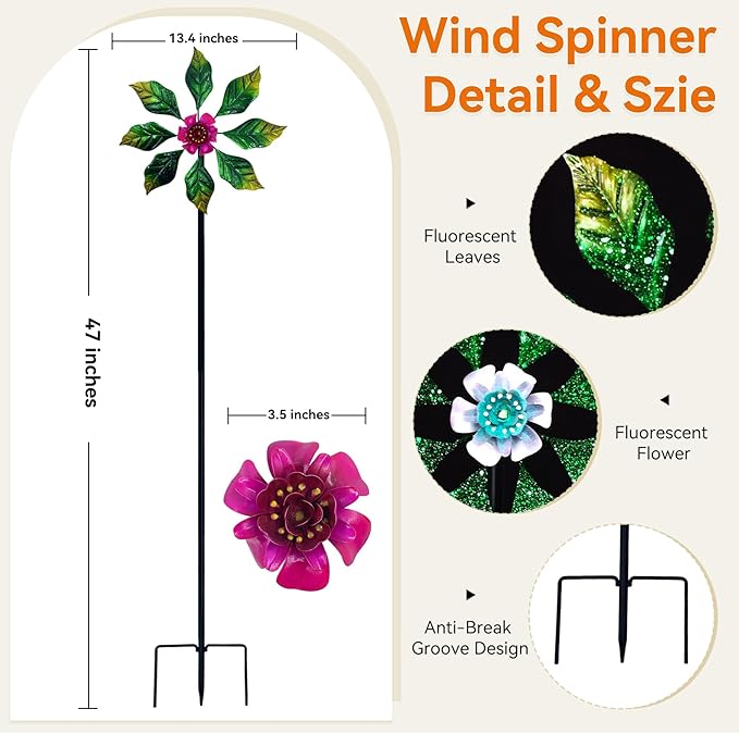 Solar Glow Garden Wind Spinner Outdoor, 13" W Flower Metal Wind Spinner & Sculptures with Fluorescent Coating, Kinetic Windmill for Yard Lawn Patio Decor