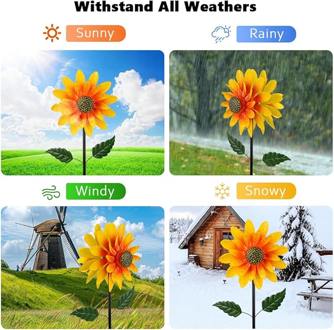 Viveta Sunflower Outdoor Wind Spinner, 4 Layers Metal Wind Spinners, Decorative Pinwheels for Yard Patio Lawn Garden