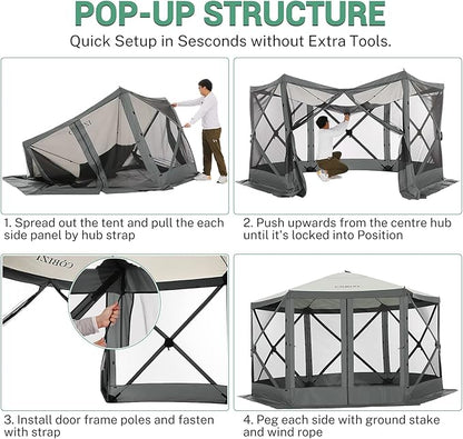 COBIZI 12x12ft Pop up Gazebo Screen Tent Screen House for Camping, Camping Outdoor Screened Gazebo with Mosquito Netting, Portable Hub Tent with Carrying Bag and Ground Stakes, Grey(Upgraded 2.0)
