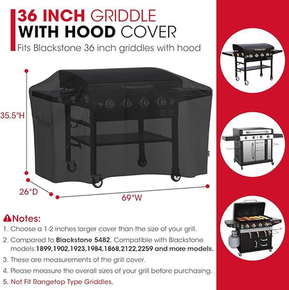 Unicook 5482 Griddle Cover for Blackstone 36 Inch Griddle with Hood, Heavy Duty Waterproof Flat Top Gas Grill Cover for Outdoor Grill, All Weather Protection, Black