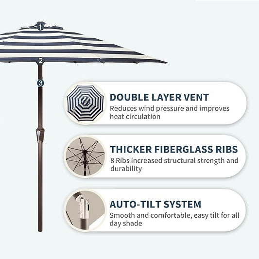 PatioKingdom Auto-Tilt 9FT Patio Umbrella Outdoor with 8 Sturdy Fiberglass Ribs,Market Table Umbrella for Pool,Backyard,Deck and Garden