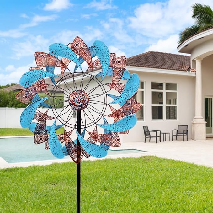 Viveta Large Wind Spinner for Yard and Garden，87.8”H *24.75" D Blue and Copper Colors Metal Outdoor Wind Sculptures & Spinners for Patio Lawn Outdoor Yard Lawn Garden