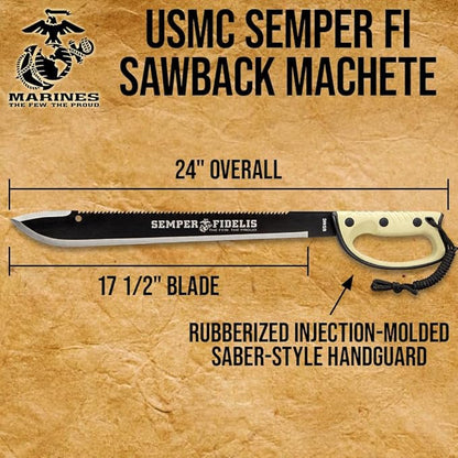 United Cutlery USMC Semper Fi Sawback Machete Knife with Sheath | Full-Tang Machete | 17 1/2" Non-Reflective Stainless Steel Blade | Saber-Style Handguard Handle | Modern Tactical Weapon - 24” Overall
