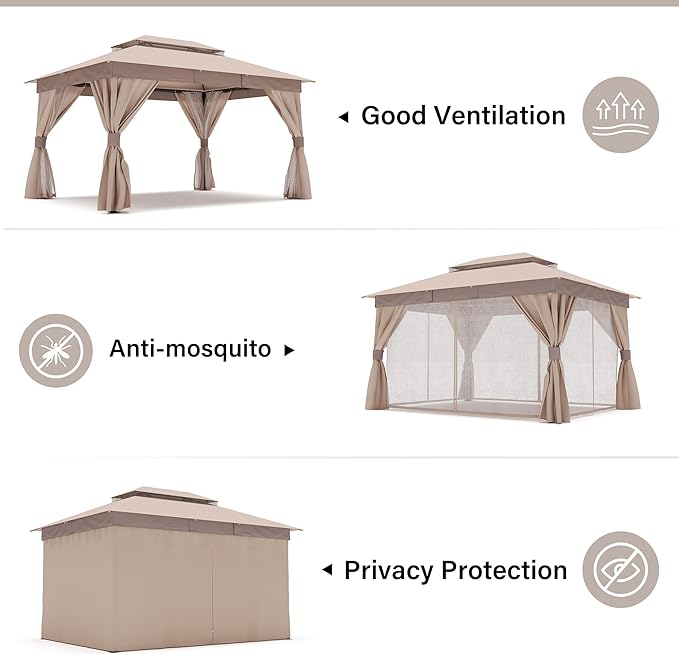 LAUSAINT HOME Outdoor Patio Gazebo 10'x13' with Expansion Bolts, Heavy Duty Gazebos Party Tent Shelter with Double Roofs, Mosquito Nets and Privacy Screens for Backyard, Garden, Lawn, Khaki