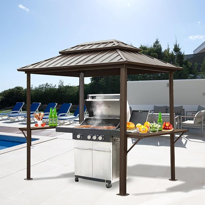 Domi 8'x6' Grill Gazebo Hardtop Aluminum BBQ Gazebo with Bar Shelves and Ceiling Hooks, Double Metal Roof Outdoor Gazebos for Patio Lawn Garden Deck (Dark Brown)