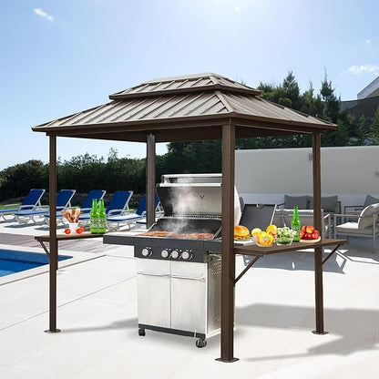 Domi 8'x6' Grill Gazebo Hardtop Aluminum BBQ Gazebo with Bar Shelves and Ceiling Hooks, Double Metal Roof Outdoor Gazebos for Patio Lawn Garden Deck (Dark Brown)