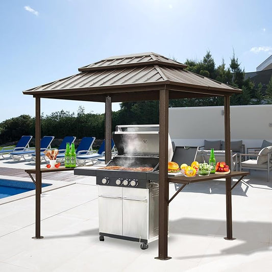 Domi 8'x6' Grill Gazebo Hardtop Aluminum BBQ Gazebo with Bar Shelves and Ceiling Hooks, Double Metal Roof Outdoor Gazebos for Patio Lawn Garden Deck (Dark Brown)