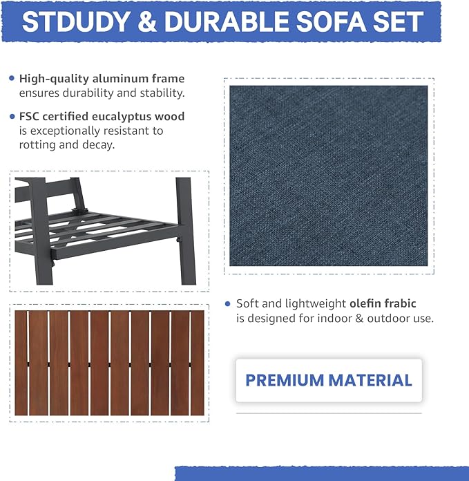 Soleil Jardin Aluminum Patio Furniture Set with FSC Certified Solid Wood Top Armrest & Coffee Table, Outdoor Deep Seating Sectional Sofa, 5 Piece Conversation Sets w/Removable Cushion, Denim Blue