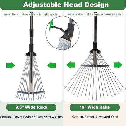 Leaf Collector Garden Rake Set - Adjustable 18 Tines Leaf Rakes & Leaf Picker Upper & 72 Gallon Lawn Waste Bag, Heavy Duty Collect Rake, Hand Leaf Scoop, Brown Paper Dumpster, Yard Gardening Tool