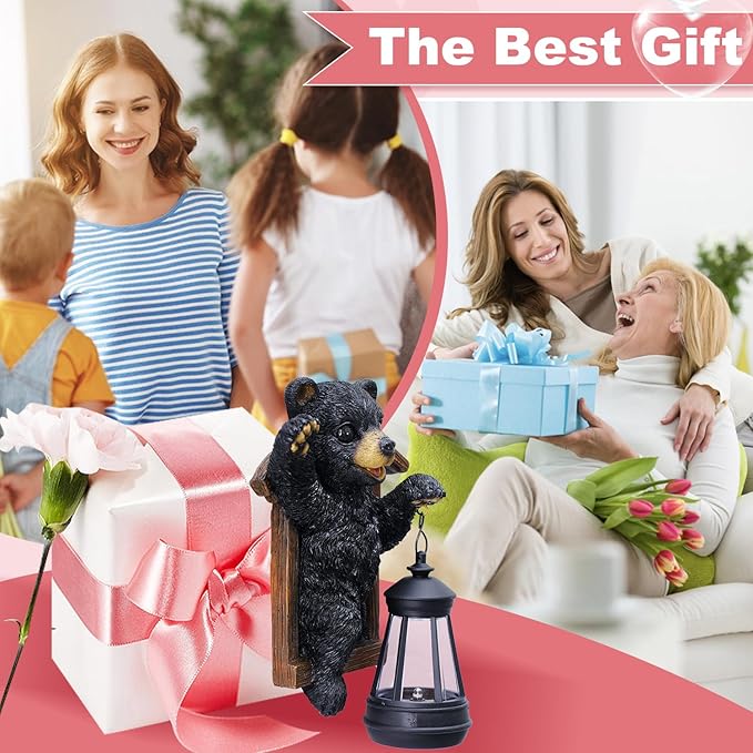 Bear Tree Hugger with Solar Lantern - Resin Bear Statue for Outdoor Garden Decor - Ideal Housewarming & Birthday Gifts for Grandma Mom Women