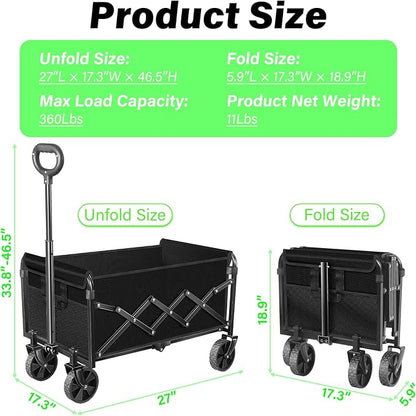Wagons Carts Foldable - 360Lbs Collapsible Folding Wagon - Wagon Cart with Wheels Portable for Sports, Camping, Storage, Travel, Shopping