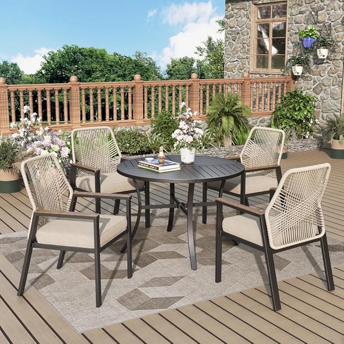 Patio Wicker Chair Sets of 8, Outdoor Dining Chairs with 3.1 inch Seat Cushions, Sturdy Metal Frame & Wood Grain Armrest, Beige