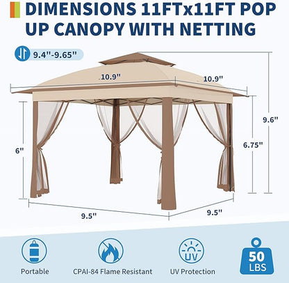 11x11 Pop Up Instant Gazebo Tent for Backyard, Pop Up Gazebo With Mosquito Netting, Outdoor Canopy Gazebos Waterproof With Portable Carrying Bag