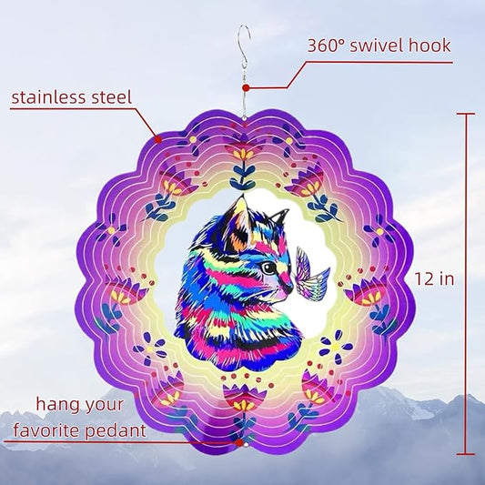 Metal Wind Spinners Outdoor Hanging Wind Spinner for Yard and Garden Decor for Outside-12In 3D Stainless Cat Steel Wind Chime Gifts for Women Mom