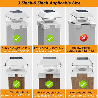 INDARUN Post Lights Solar Powered, Fence Deck Post Solar Lights Fit 4x4 5x5 6x6 Wood Posts/Vinyl 4x4 Post Caps, Outdoor Post Lights with 2 Colors Modes, 120Lumen, for Patio/Porch/Backyard Decor