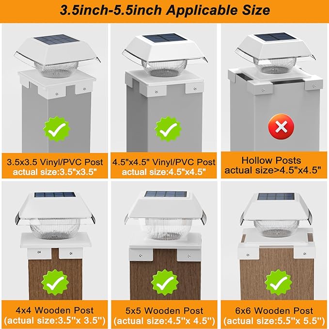 INDARUN Solar Post Lights Outdoor Waterproof, 2 Colors Modes, 120 Lumen, Solar Fence Deck Post Lights for 4x4 Post Caps - 4x4 5x5 6x6 Wood Posts/4x4 Vinyl Posts, for Front Porch, Paito, Backyard Decor