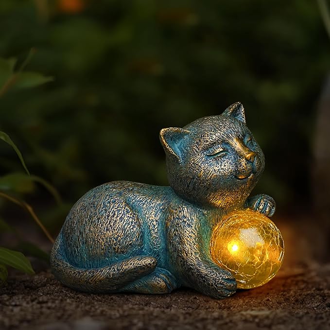 MININOVA Solar Garden Cat Statue with LED Light Ball Cat Figurine Outdoor Decor in Yard, Patio, Balcony, Perfect Housewarming, Birthday, for Women, Mom, Grandma