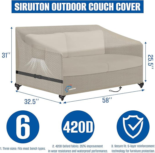 SIRUITON 2-Seat Garden Patio Sofa/Loveseat/Bench Cover 58" W x 32.5" D x 31" H,Heavy Duty 420D Oxford Waterproof Outdoor Sofa Cover, Lawn Patio Furniture Covers