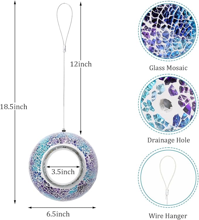 Yinns Bird Feeder - Glass Birds Feeder Outside Hanging, Mosaic Fly Through Birdfeeder with Oval Stained, Outdoor Garden Decor, 6.5 inch