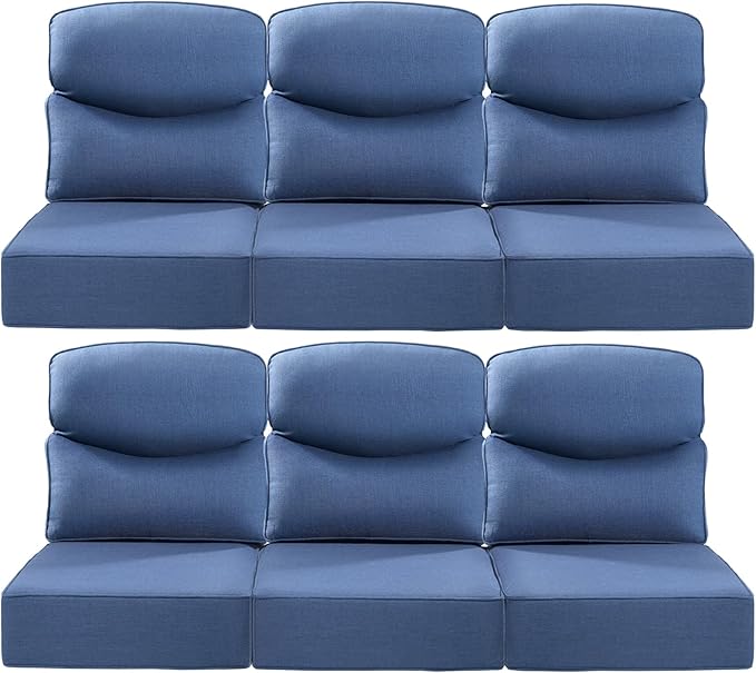 Luxury 22x24/22x25 6-Inch Smile Patio Cushions for Outdoor Furniture Set of 6 - Thick Back & Deep Seat Outside Chair Cushions for Rattan Metal Glider Loveseat Sectional Sofa - Navy Blue