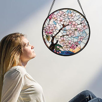 Stained Glass Window Hanging - Cherry Blossoms Suncatcher for Door Garden Home Decor Pink Flowers Sun Catcher Christmas Birthday for Friend Lovers Women Mom Nana 9.8 in
