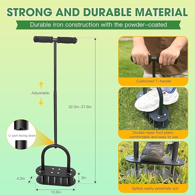 Lawn Aerator Spikes Aerating Tool, Manual Aeration Tools with Padded T-Handle, Wide Foot Plate, 15 3 Inch Solid Steel Spikes, Yard Aerators for Lawn Yard & Garden